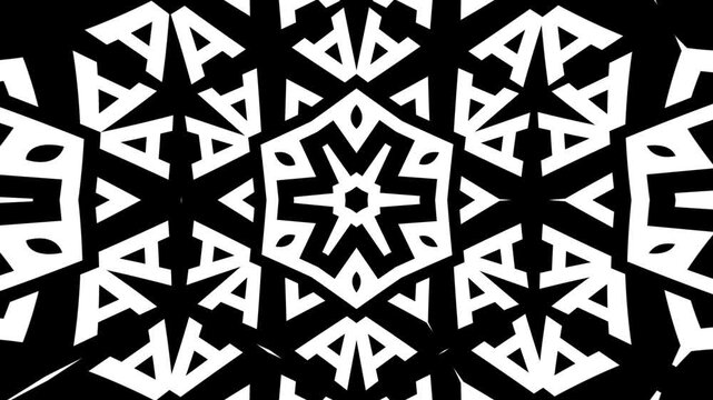 Abstract background showcasing mandala kaleidoscope patterns of monochrome letters arranged in hexagonal grids, elegant geometric motion symmetry with ornamental seamless looping design.