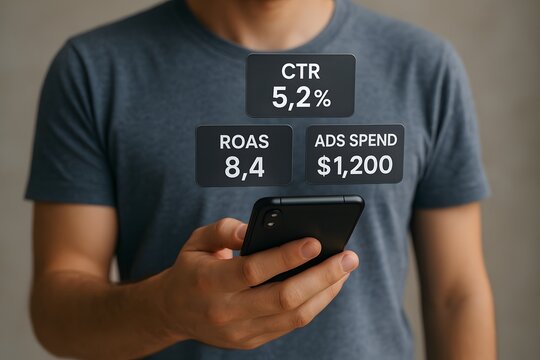 A man holding a smartphone displaying digital marketing analytics.