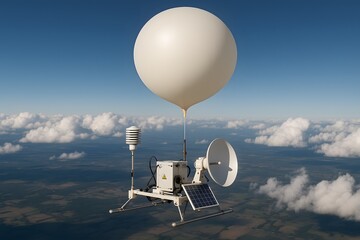 A scientific weather balloon soaring through a cloudy sky. 
