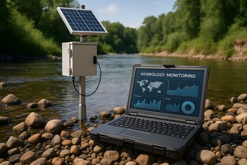 Hydrology monitoring with laptop on riverside. 