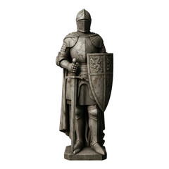 Fototapeta premium Medieval stone knight sculpture with shield and sword on transparent background
