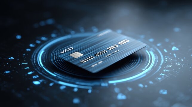 Digital Payment Blueprint: A modern, abstract composition showcases a credit card at the core of a glowing digital interface.