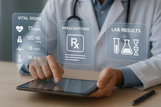 A medical professional uses a tablet with an overlay of vital signs, prescriptions, and lab results. 