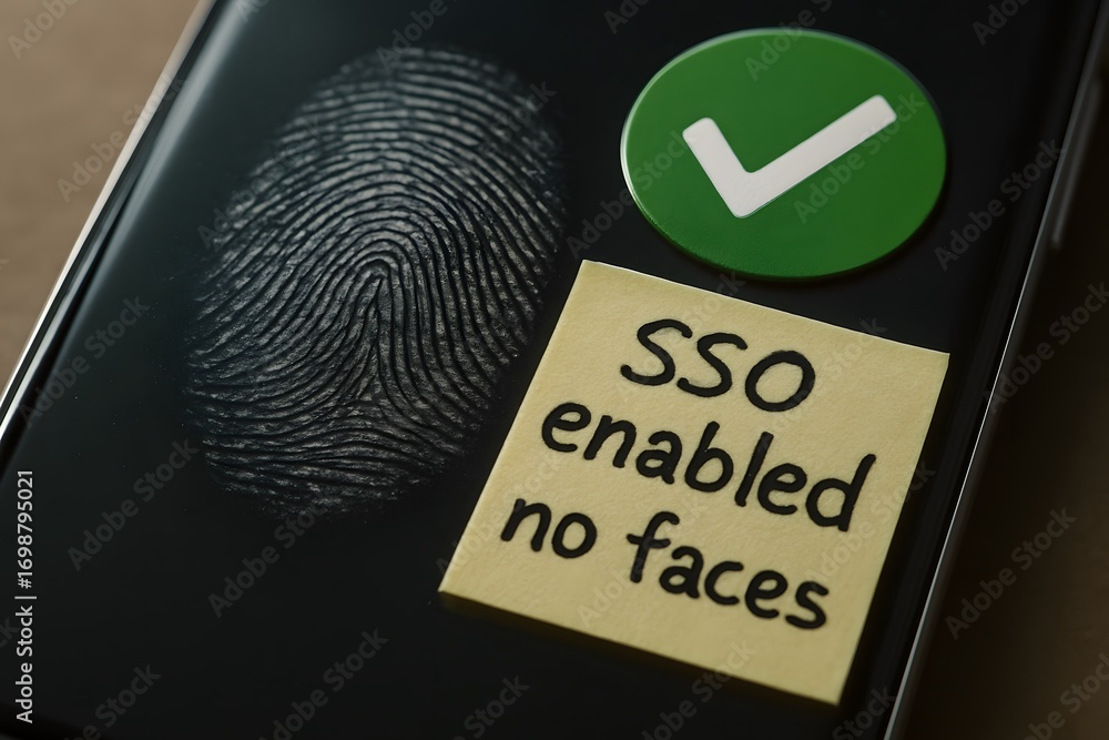 Poster fingerprint security on a phone with a checkmark, and sso enabled no faces.
