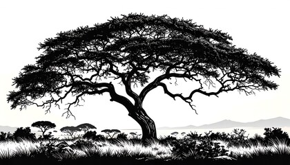 Silhouette of a large tree in savanna landscape