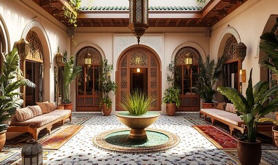Obraz premium Beautiful Moroccan courtyard with central fountain, elegant architecture and exotic plants