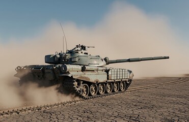 A heavy armored tank rolling through dusty battlefield landscape pressing tracks into earth with sky above