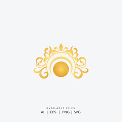 Ornate golden luxury crest logo for premium brand identity, Vintage royal gold vector emblem for elegant boutique, Classic decorative shield logo with crown 