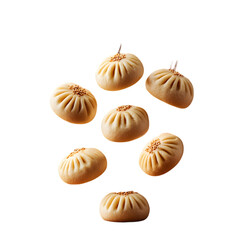 Steam-cooked bao buns in staggered formation, soft dough texture and rising steam captured mid-air