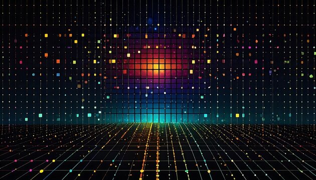 Abstract digital grid landscape with colorful particles