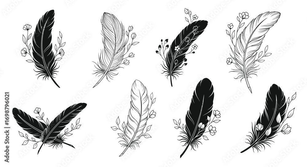 Aufkleber vector art of collection of decorative feathers with floral elements, perfect for adding a touch of 