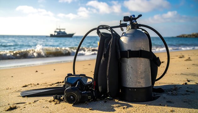 Scuba gear on a sandy beach at sunrise - Powered by Adobe