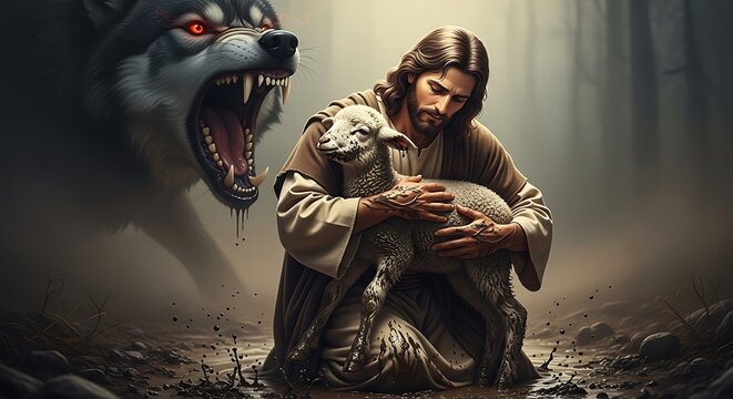 Jesus the Good Shepherd Protecting Lamb from Wolf.