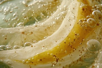 Close up view of citrus slices in sparkling beverage with bubbles creating an effervescent appearance during sunny day