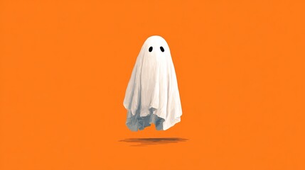 Spooky cute ghost floating on orange background for Halloween fun, perfect for seasonal marketing, party invites, or festive decorations