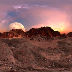 Alien landscape panorama, sunset over red mountains, large moon
