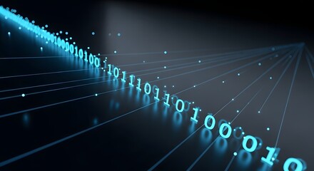 Minimal futuristic visualization of glowing binary data stream flowing diagonally across a dark digital background with subtle light effects