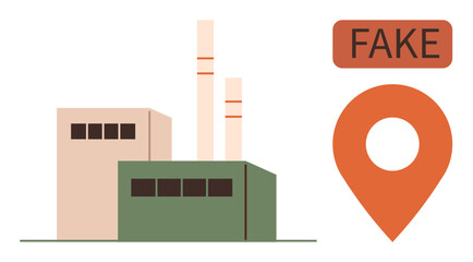Factory structure with smokestacks next to an orange location pin labeled Fake. Ideal for concepts thumbs up fake places, industrial fraud, misinformation, questionable origins, counterfeit goods