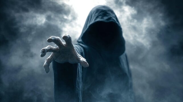 Eerie cloaked figure reaching out from the shadows, perfect for horror themes or suspenseful narratives, creating a chilling atmosphere