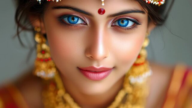 A woman with blue eyes and gold jewelry. She is wearing a gold headpiece