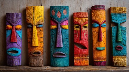 Intricate tiki masks in vibrant colors evoke a tropical island vibe great for travel ads, exotic decor themes, or cultural art projects