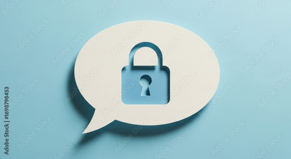 Poster white speech bubble with cutout padlock on light-blue background, symbolizing secure communication o