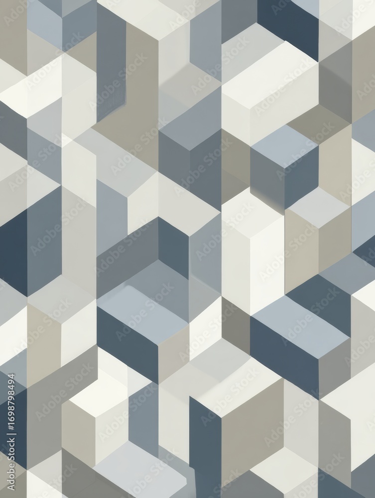 Aufkleber abstract geometric pattern features overlapping cubes in shades of gray and blue, creating a visuall