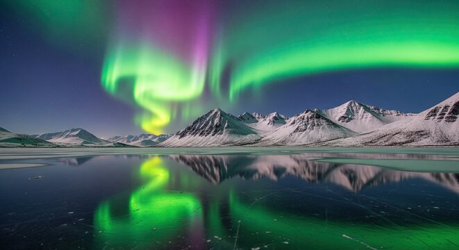 Ethereal Green and Magenta Aurora Reflected on Icy Arctic Waters Above Snowy Peaks