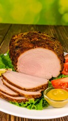 Sliced, seasoned roast on a plate with lettuce, tomato, and mustard