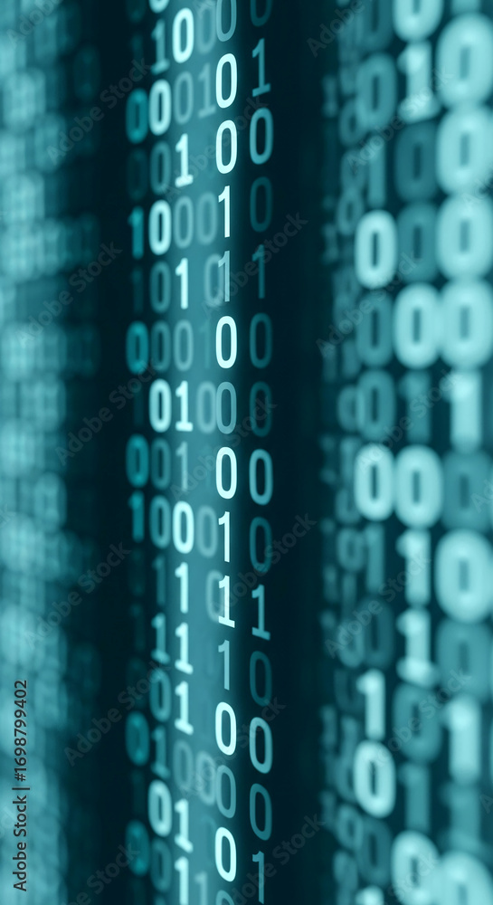 Poster abstract teal background with blurry binary code, suggesting digital data flow and technological pro