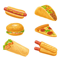 Set fast food icon. Burrito, hamburger, pizza, bagel with salmon, hotdog, taco. Vector color realistic isolated illustration
