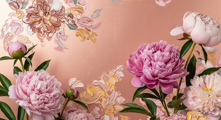 Lush Pink Peonies Bloom Amidst Ethereal Vintage Floral Illustrations