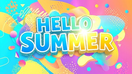 Hello Summer text with colorful abstract shapes and dynamic gradient spheres for seasonal greeting animation. - Powered by Adobe