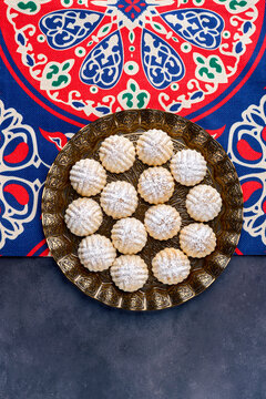 Arabic cuisine. Date stuffed semolina cookies . Maamoul with dates, pistachio or walnuts . Traditional middle eastern sweets for celebration Eid Al- Fitr after Ramadan