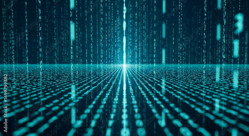 Poster abstract teal digital data stream, flowing down and across a plane, creating a futuristic, technolog