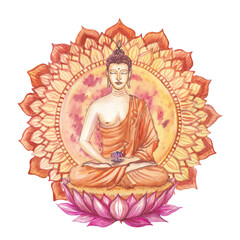Obraz premium Hand-painted illustration of Buddha sitting on a lotus flower with lanterns, candles, mandala and floral ornaments. Spiritual and meditative design inspired by Asian culture and traditions.