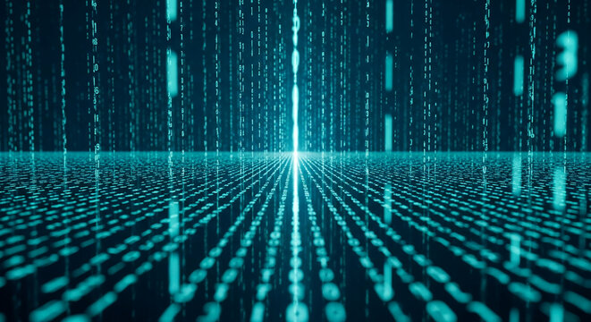 Abstract teal digital data stream, flowing down and across a plane, creating a futuristic, technological visual, showcasing digital information flow