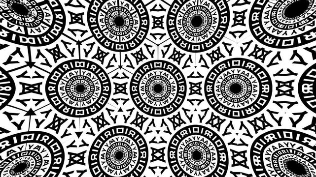 Abstract background showcasing mandala kaleidoscope patterns of alphabet letters in monochrome, ornamental hexagonal grids evolving seamlessly in rhythmic geometric motion animation.