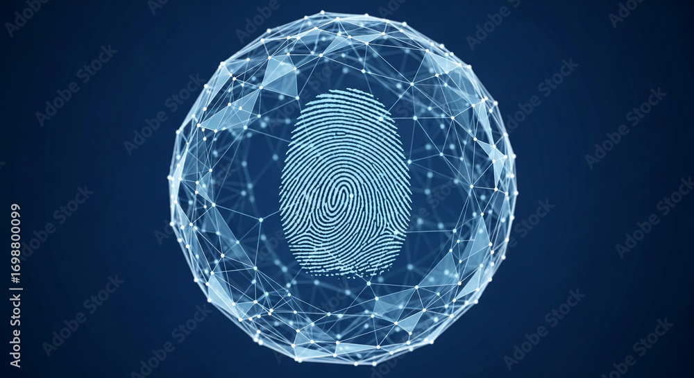 Fototapete abstract image of a fingerprint within a geometric sphere, symbolizing digital security, identity, a