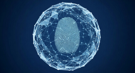 Abstract image of a fingerprint within a geometric sphere, symbolizing digital security, identity, and global connectivity, suitable for tech or cybersecurity concepts