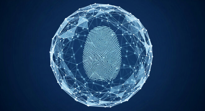 Abstract image of a fingerprint within a geometric sphere, symbolizing digital security, identity, and global connectivity, suitable for tech or cybersecurity concepts