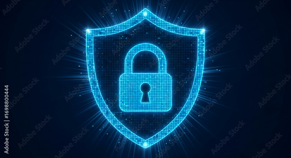 Poster glowing blue digital shield with padlock, symbolizing online security and data protection. ideal for