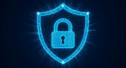 Glowing blue digital shield with padlock, symbolizing online security and data protection.  Ideal for cybersecurity websites or presentations. Free space for text