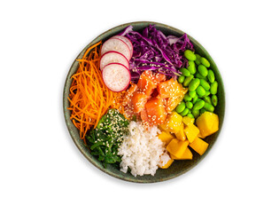 Poke Bowl. Salad bowl, Rice with salmon, radish, red cabbage, edamame beans and sesame seeds. The concept of delicious and healthy food, top view of poke bowl on white backgronud