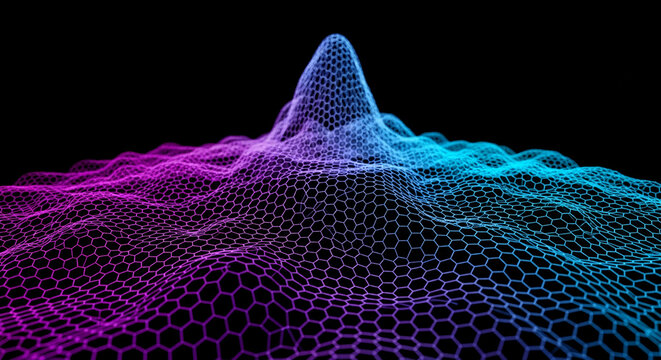 Abstract hexagonal grid forming a wavy landscape with purple and blue gradient, against a black background, suggesting digital terrain or network concept