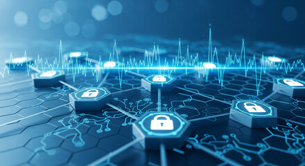 Abstract digital network security concept image featuring hexagonal nodes with lock icons, connected by lines, symbolizing data protection and cybersecurity