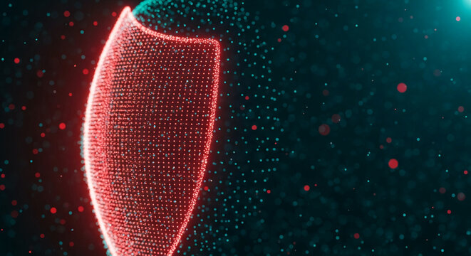 Abstract red shield formed by glowing particles on dark teal background, representing digital security, protection, or data safety