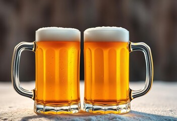 Two frosted mugs of golden beer, condensation glistening,  bubbles,  drink