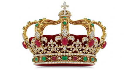 Fototapeta premium Ornate Golden Crown Adorned with Precious Gemstones and Rich Red Velvet