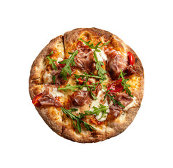 Prosciutto pizza with strachatella cheese, tomatoes and arugula leaves, top view, closeup. Isolated on transparent background